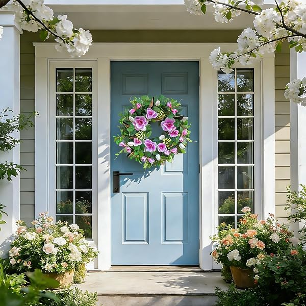 SPRING WREATHS FOR FRONT DOOR OUTSIDE– 24 INCH SPRING DOOR WREATH WITH PINK MAGNOLIA AND ANEMONE FLORAL WREATH WITH GREENERY,COLORFUL WELCOME SUMMER WREATHS FOR FRONT DOOR (GREEN)
