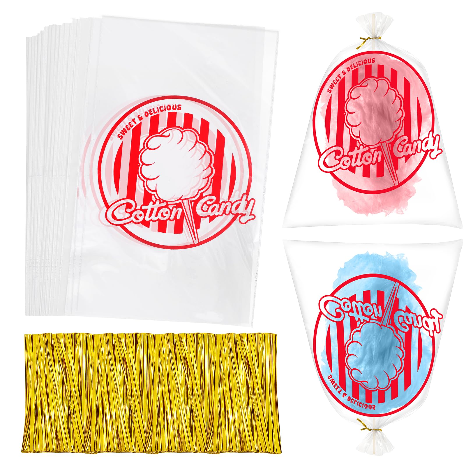 Photo 1 of 120PCS Cotton Candy Bags with Ties 11.8 x 17.7 Inch Clear Cotton Candy Bags with Print for Carnivals Party Candy Sticks and Cones