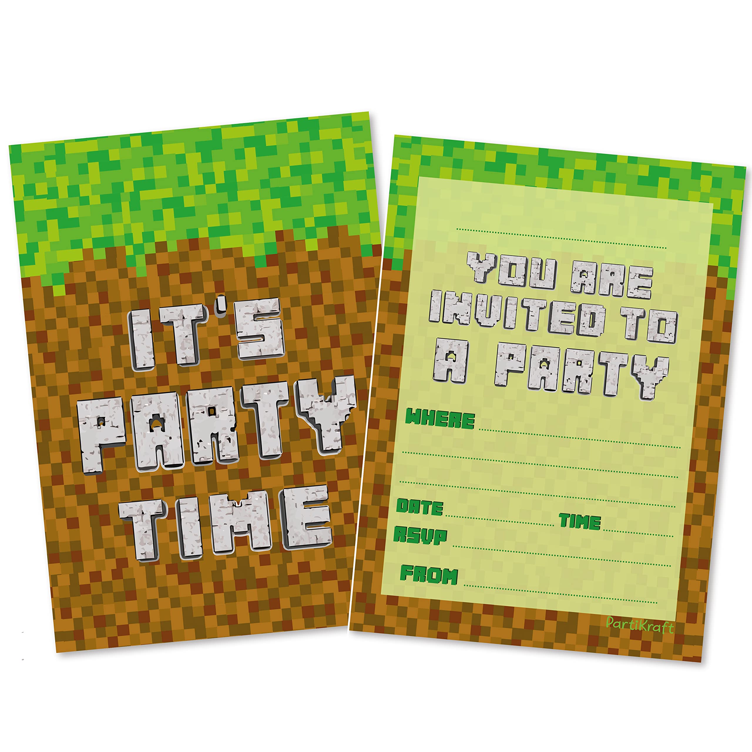 PartiKraft (Pack of 12) Block Building Gamer Inspired Birthday Party Invitations with Green Envelopes