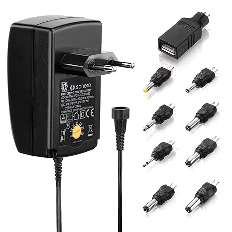 Sonero X-PS030 Universal Stecker Netzteil (3V-12V Drehschalter) mit 9 Adaptern inkl. USB 2250mA, schwarz