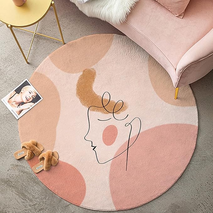 YoKii Cute Pink Round Rug 3ft for Bedroom Living Room Modern Boho Faux