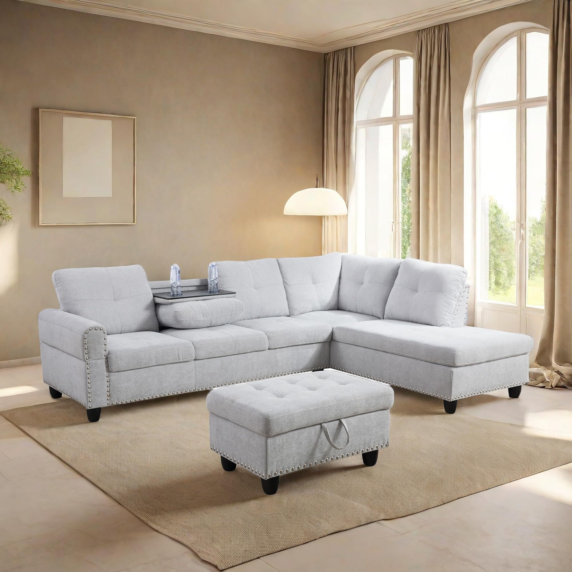 Photo 1 of ***PARTIAL SET (LEFT ARMCHAISE) | TRUCK/TRAILOR PICKUP ONLY*** GlasFlength L Shaped Sectional Sofa with Ottoman, Nail-Head Design Linen Right Facing Modern Couches with Cup Holder for Living Room, Bedroom, Office, Grey White