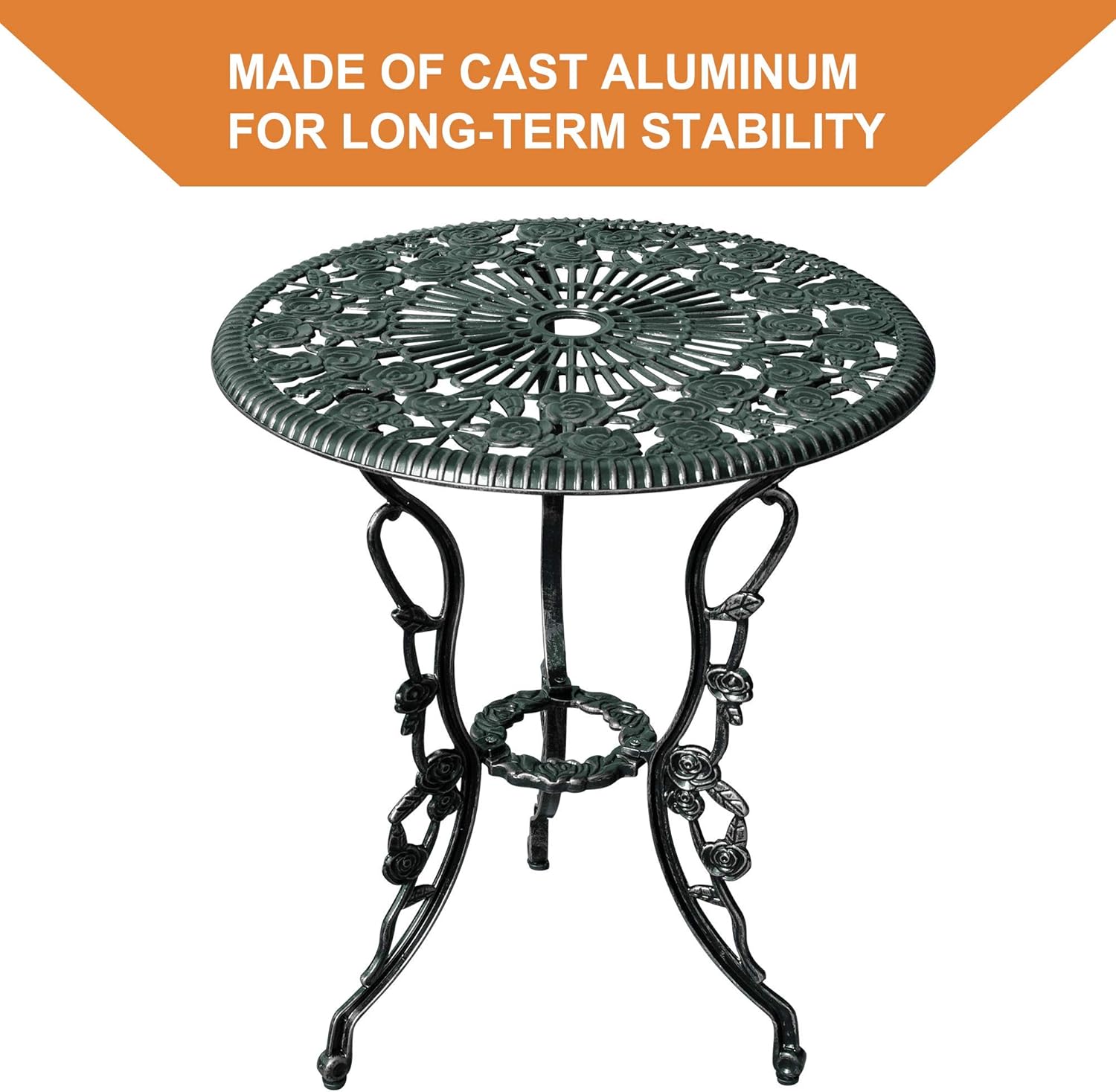 LZRS 3-Piece Outdoor Patio Bistro Set Table and Chairs Furniture with Rose Design for Garden, Porch, Backyard, Cast Aluminum with Umbrella Hole, Durable Rust Weather Resistance, Antique Verdigris: Garden & Outdoor