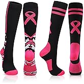 Haysandy 2 Pairs Breast Cancer Socks Women Pink Ribbon Athletic Knee High Crew Socks Football Calf Softball for Men