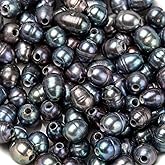 Beadthoven 100pcs 7-10mm Natural Oval Freshwater Pearl Beads 1.8mm Big Large Hole Rice Shape Pearls for Leather Cord Beading Jewelry Making DIY Crafts (Black)