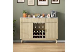 GYFIMOIE Wine Bar Cabinet with 3 Drawers，Home Liquor Cabinets with Wine and Glasss Rack, Fluted Coffee Bar Cabinet with Adjustable Shelves, Buffet Sideboard for Kitchen,Living Room, Dining Room, Entryway