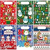Gilprop 150 Pcs Winter Snowman Goodie Bags with Handles Christmas Plastic Gift Bags Bulk for Winter Party Treat Candy for Holiday Cookie Goody Gift Party Favor Supplies, 6 Styles