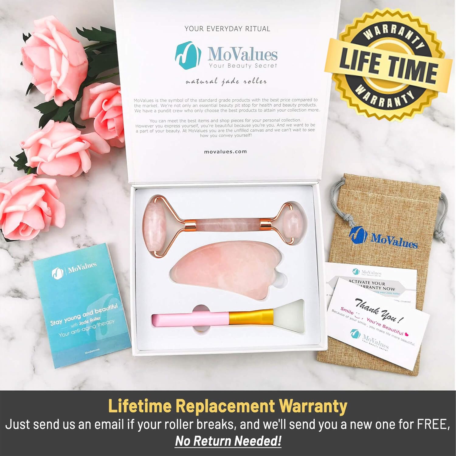 Original Jade Roller and Gua Sha Set - Jade Roller For Face - Face Roller: 100% Natural Rose Quartz - Face Massager for Wrinkles, Anti Aging Facial Roller - Authentic, Durable, Noiseless Design : Beauty