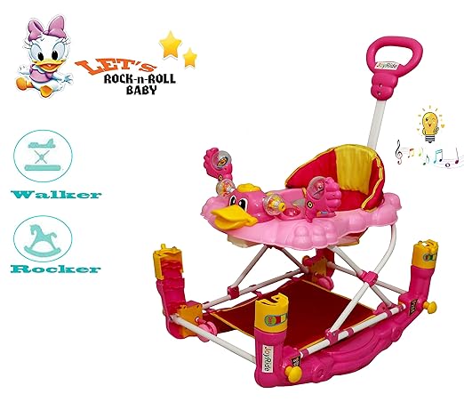 JoyRide RocknRoll 2-in-1 Height-Adjustable Baby Walker and Rocker with Music, Light (Pink)