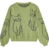 WDIRARA Women's Cartoon Cat Bishop Long Sleeve Round Neck Sweater Drop Shoulder Pullover Tops