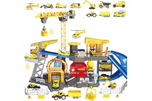 Frontoytall Construction Vehicles Track Set with Excavator, Dump Truck, Cement Truck, Wheel Loader & Rotating Crane, Interactive STEM Building Toy for Kids Ages 3-12 (ASTM Certified)
