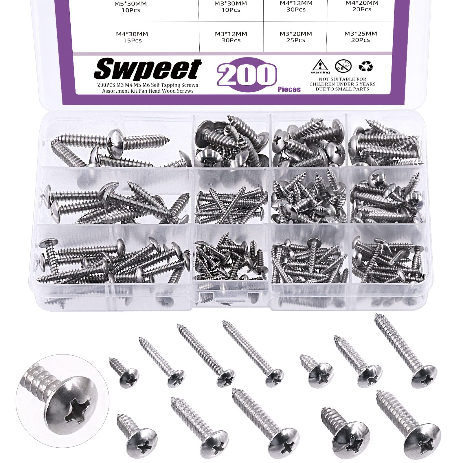 Swpeet 200Pcs #6#8#10#12 304 Stainless Steel Phillips Truss Head Self Tapping Screws Phillips Cross Drive Wood Screws Sheet Metal Screws Assortment Kit for Sheet Metal, Wood, PVC Plastic