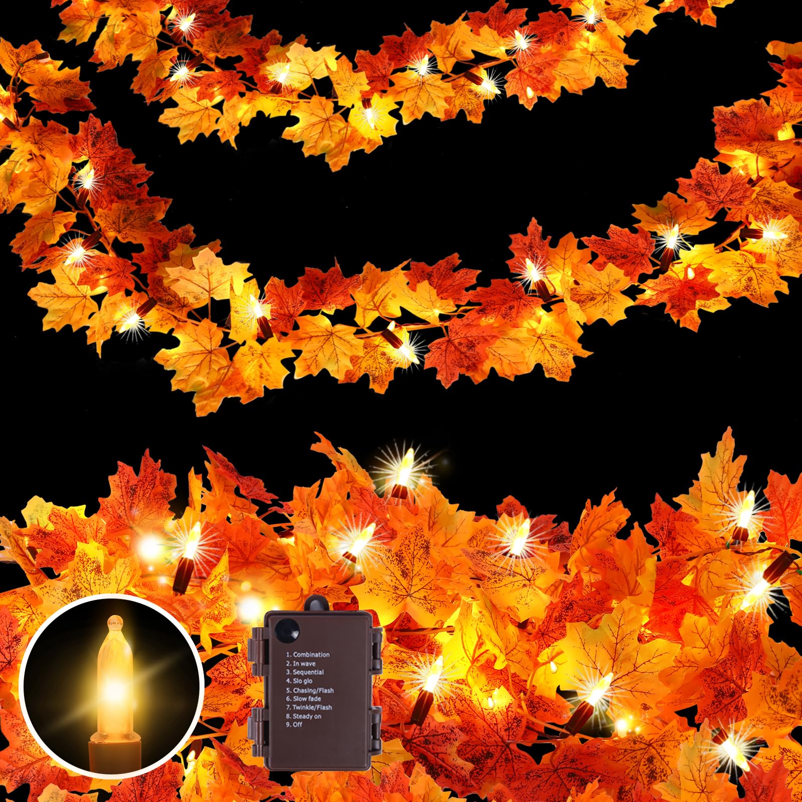 Photo 1 of 2Pack Fall Garland with Lights Battery Operated,10FT 50 Orange Bulbs Lighted Fall Leaves Garland,Fall Decorations for Home Thanksgiving,Mantel,Fireplace,Porch,Halloween,Table Decor Indoor Outdoor