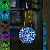 Solar Lantern Hanging Outdoor Christmas Decorative, Dual LEDs Color Changing and Blue Crystal Globe Lamp Hanging Light Waterproof with S Hook Decor in Garden, Pathway, Front Door- Blue