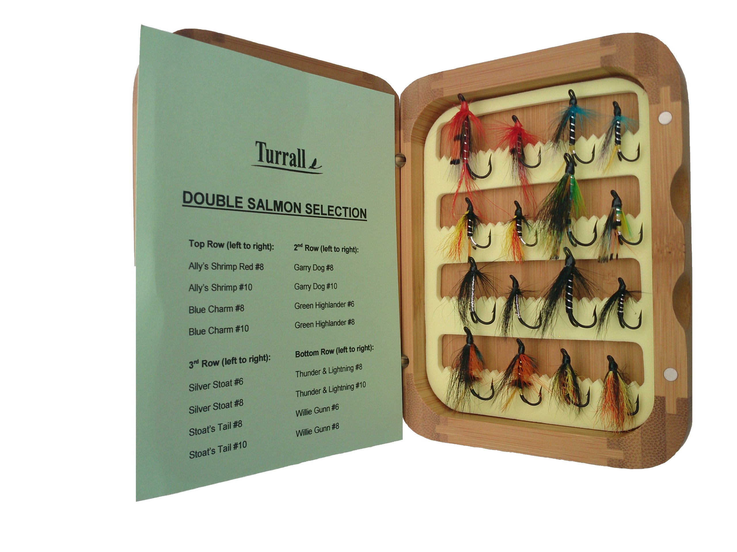 Bamboo Presentation Salmon Doubles Selection 16 Salmon Flies in Bamboo Box - Brown,