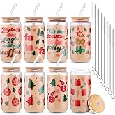 8 Pcs Christmas Glasses Cups, 16 oz Christmas Cups with Lids Brush and Straws Christmas Tree Snowman Snowflakes Iced Coffee Cups, Stocking Stuffers for Adults Glasses Drinking for Women Kids Gift