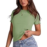 LOMON Women's Crew Neck Short Sleeves T Shirts Ribbed Knit Summer Basic Fitted Tees Lettuce Edge Going Out Tops