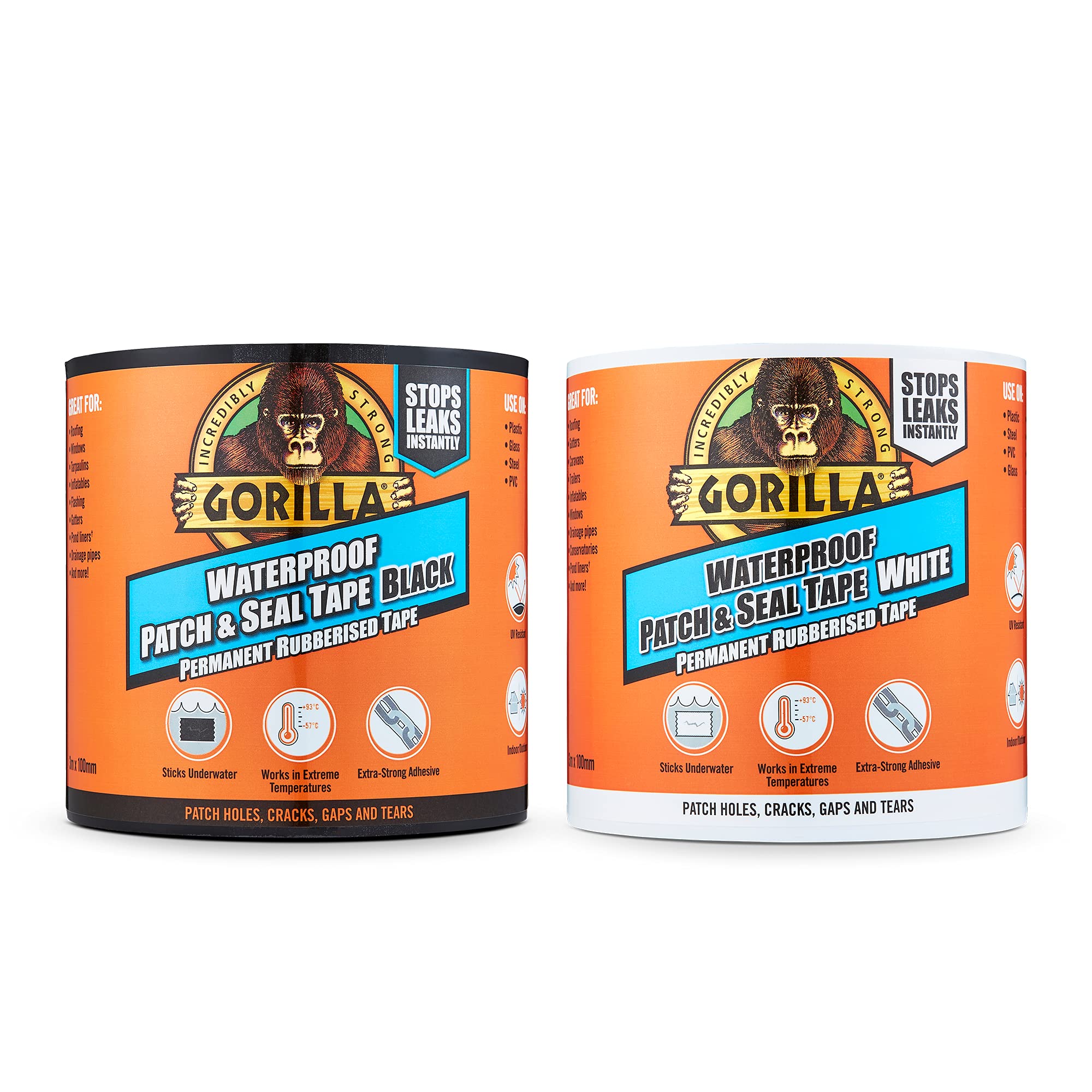 Gorilla 9044711 Waterproof Patch & Seal Tape 3m Black/White (Twin Pack)