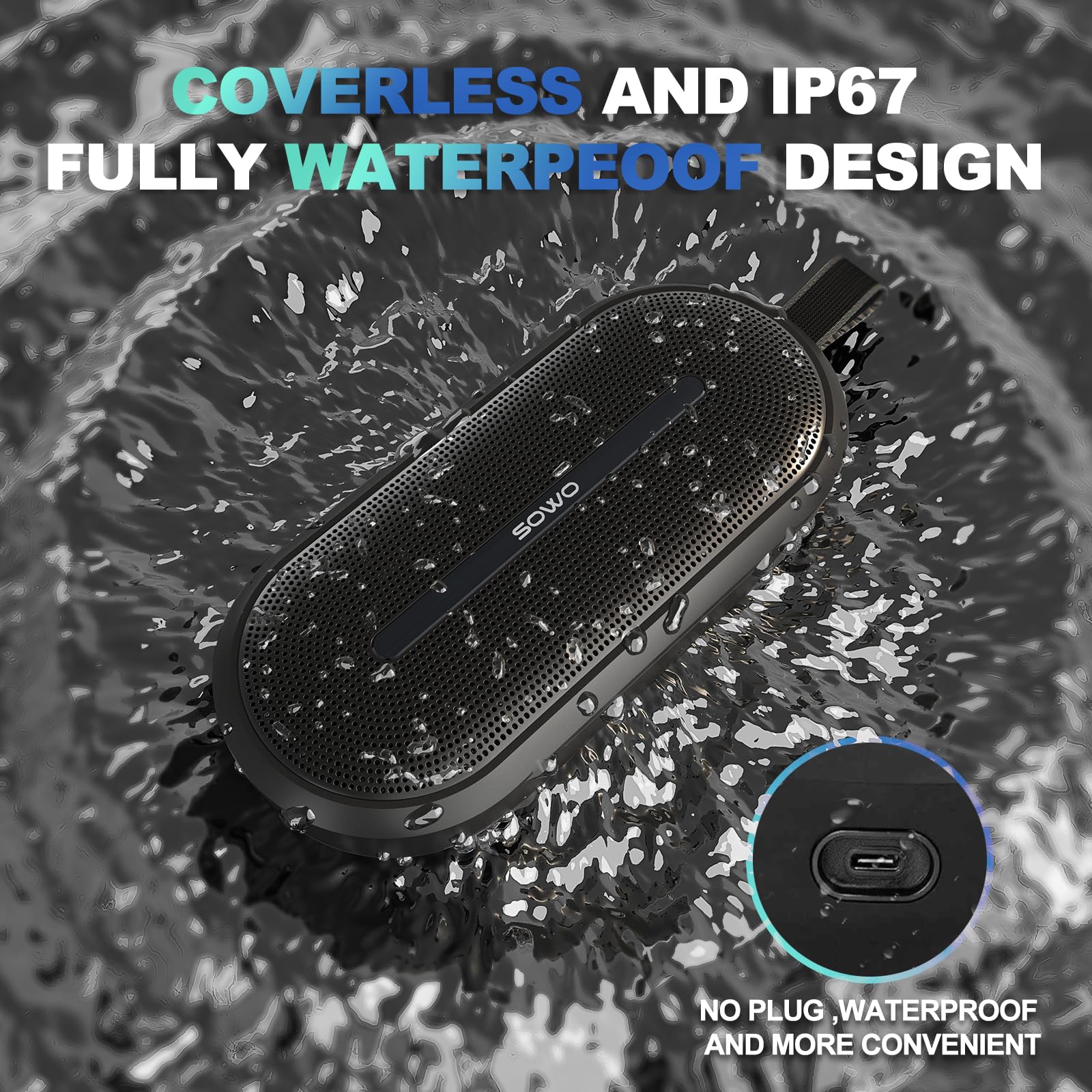 SOWO Portable Wireless Speaker with Bluetooth, Enhanced Immersive Bass, Partyboom Technology, 40W Loud Clear Stereo Sound, IP67 Waterproof, 16H Playtime for Outdoor, Camping and Travel - Deep Black