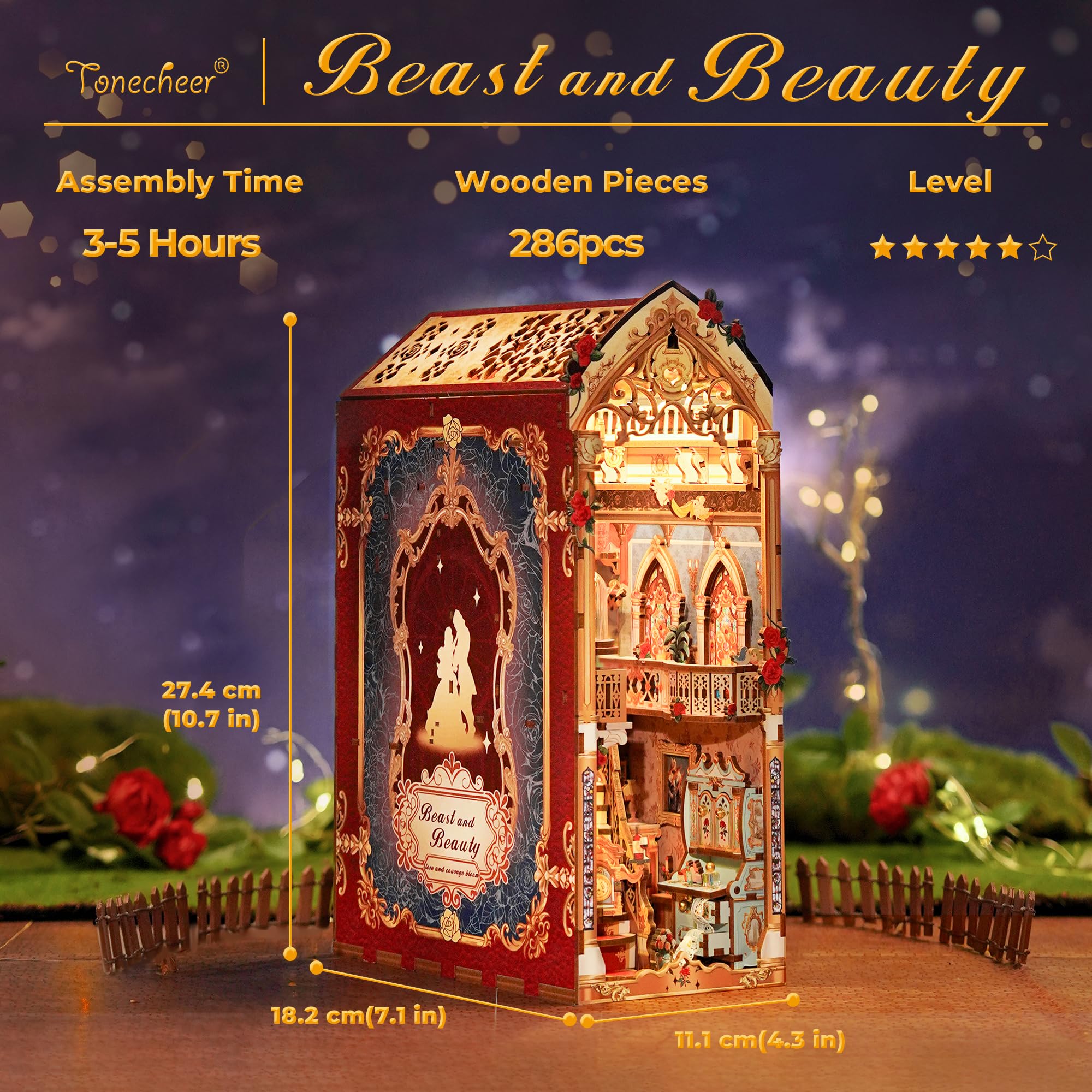 Tonecheer DIY Book Nook Kit for Adults, 3D Wooden Puzzle Music Booknook Miniature Dollhouse, Fairy Tale Bookend Bookshelf Decor with Dust Cover and LED Lights Gifts (Beast‌ and Beauty)