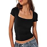BAIGRAM Women Square Neck Crop Top Short Sleeve T Shirts Slim Fitted Going Out Tops Y2K Cute Summer Basic Tees Trendy