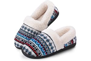 Homitem Women's Slip-On Knit Slippers Memory Foam Slippers Fuzzy Wool-Like Plush Fleece Lined House Shoes Indoor/Outdoor Anti-Skid Rubber Sole (Size 7-8,Dark Blue