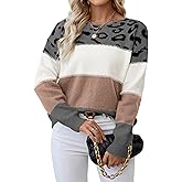 Libsorge Womens Oversized Cute Color Block Leopard Sweater Fall 2025 Trendy Ladies Dressy Causal Knit Boat Neck Pullover Top