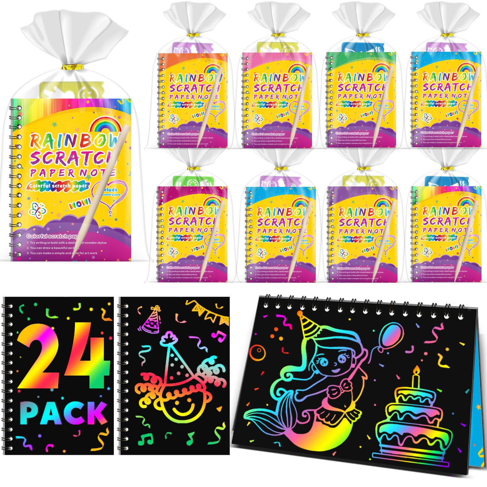 Scratch Art, Party Bag Fillers for Kids - Rainbow Scratch Art, Arts and Crafts, Class Gifts, Birthday Return Gifts for Boys Girls Age 4-9 (Y-24 Pack)