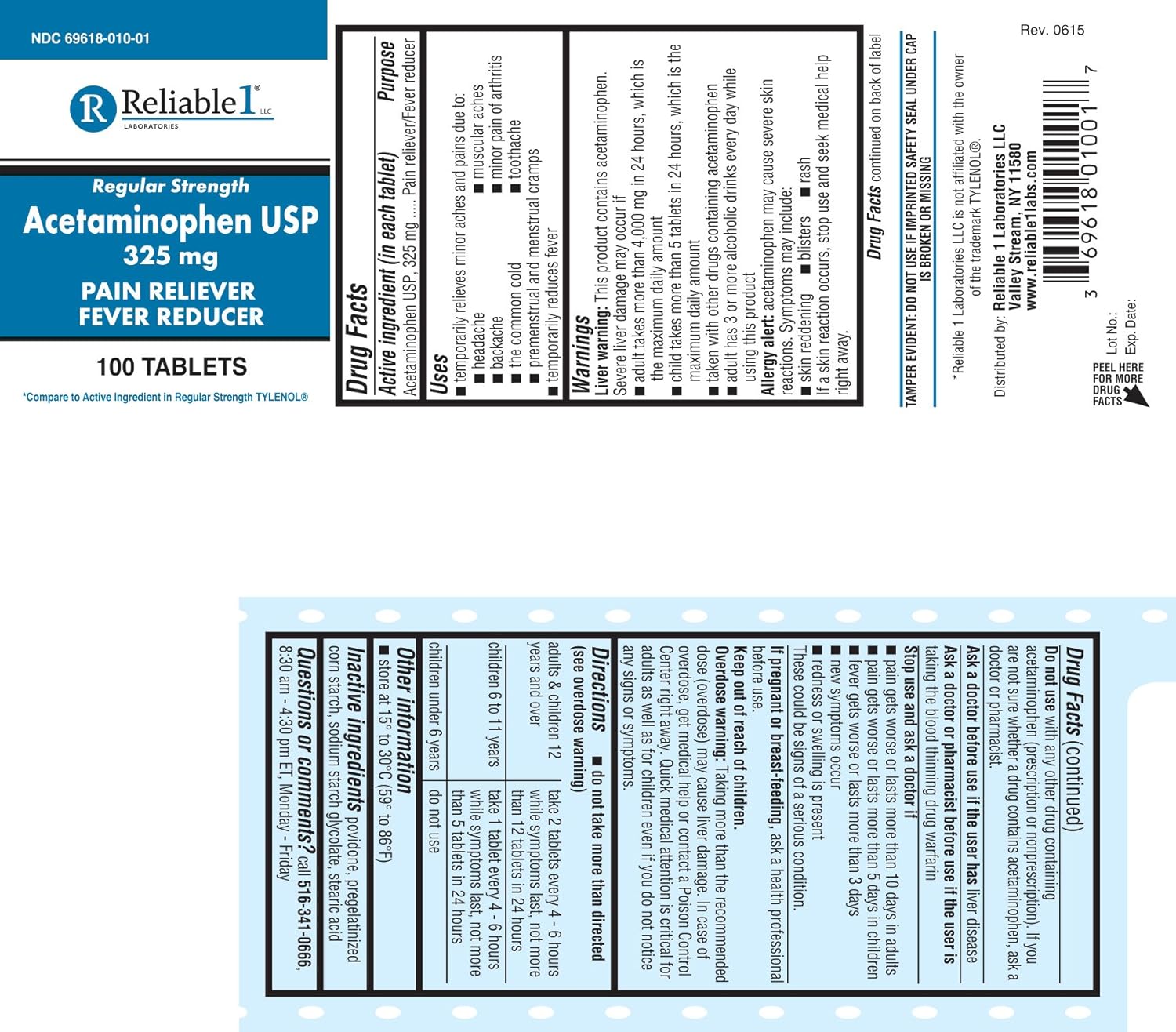 Reliable 1 Regular Strength Acetaminophen USP 325 mg 100 Tablets: Health & Personal Care