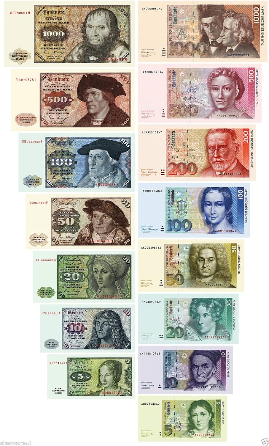 10 X 1000 DM Geldscheine – Reproduktion 1980, Mit Banderole, Originales Format