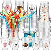 Acellegic 100 Sets Farm Jungle Safari Animal Themed Party - Cup with Flat Lids and Straws 12 oz Plastic Clear Drink Disposable Cups Farm Theme Birthday Party Summer Holiday Supplies