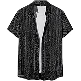 WDIRARA Men's Button Up Short Sleeve Cat Print Beachwear Striped Pocket Hawaiian Shirt Casual Collar Top