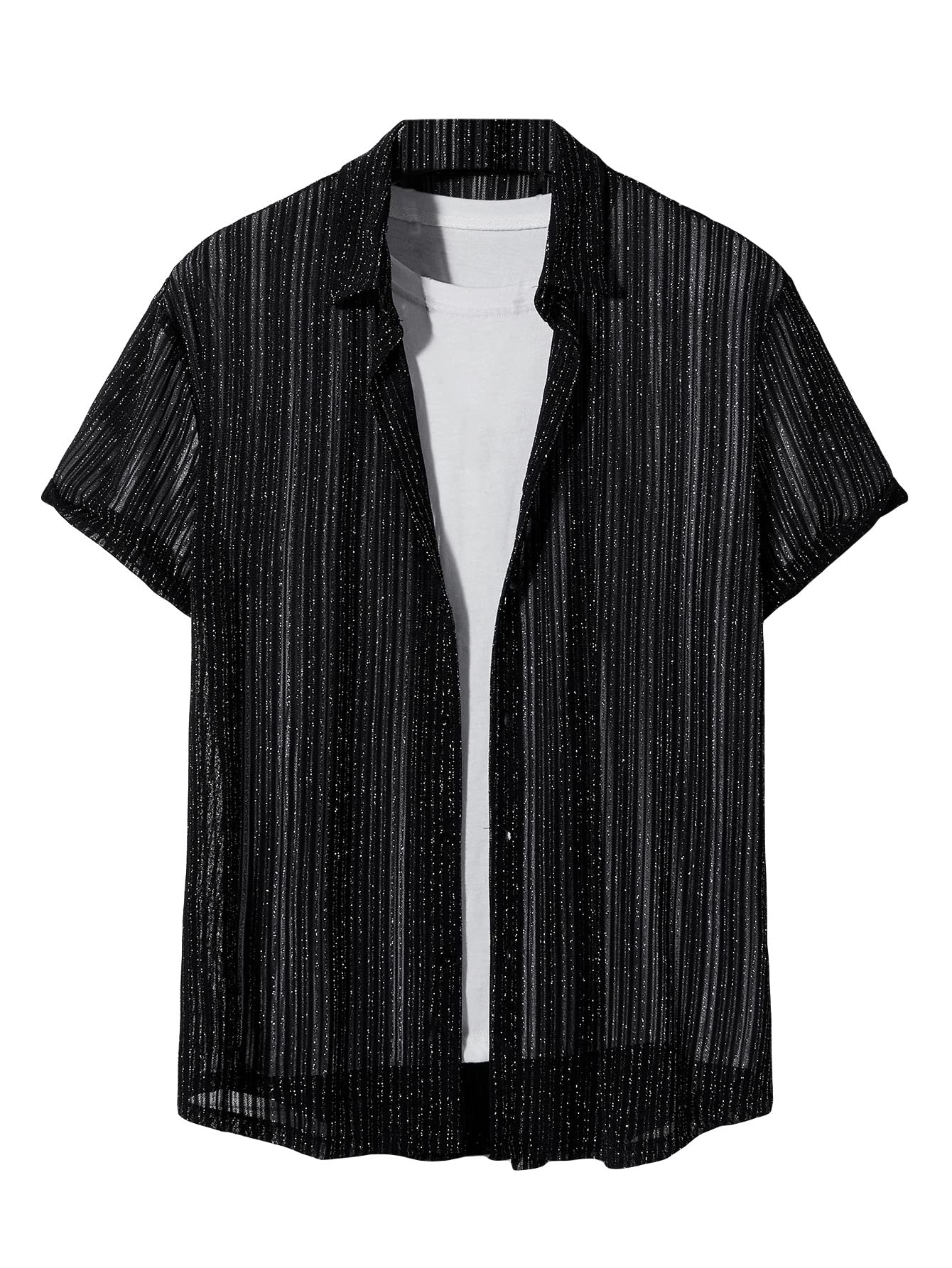 WDIRARA Men’s Silk Satin Metallic Button-Down Shirt – Short Sleeve Disco Club Top, Rave & Party Wear