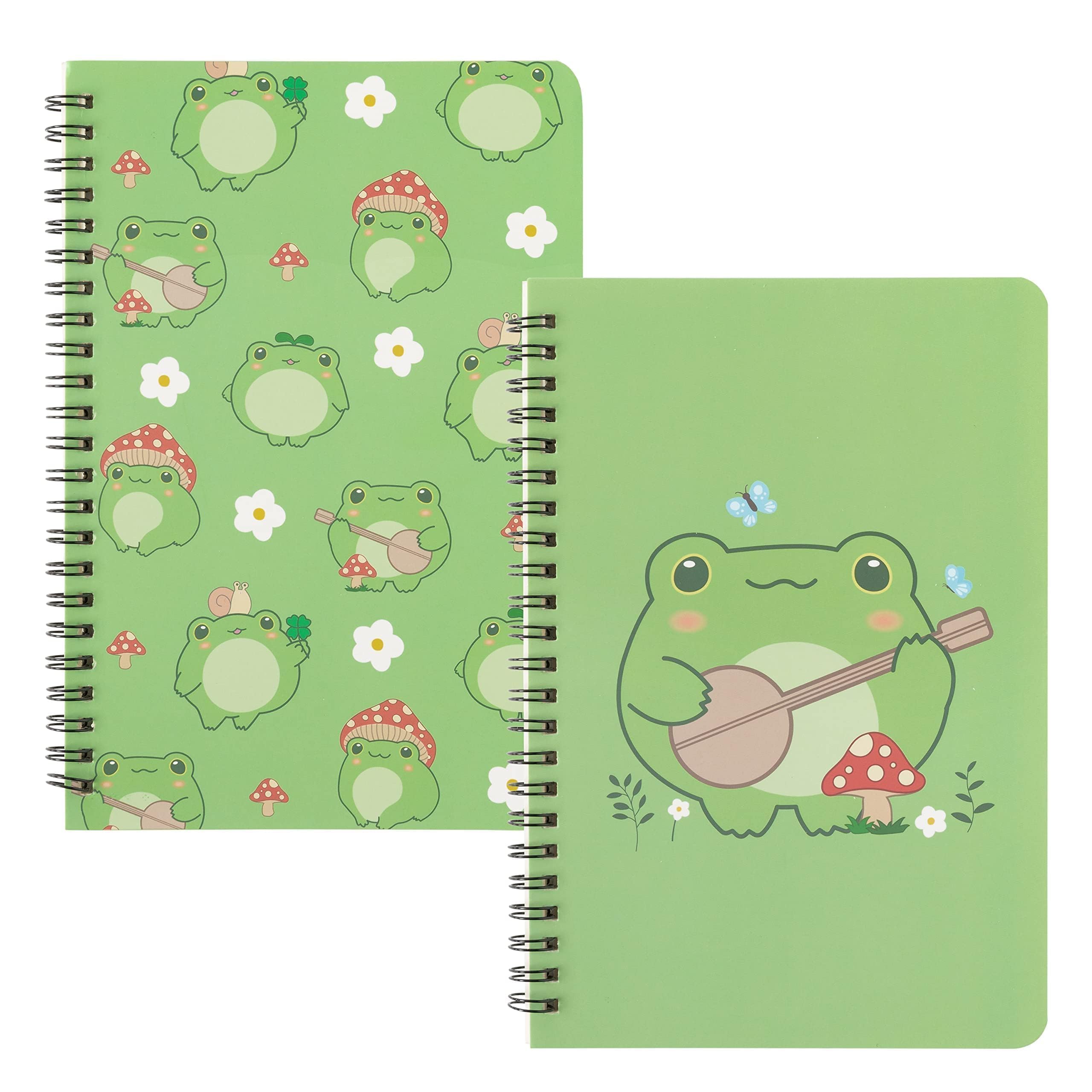 L1rabe 2 A5 Frog Spiral Notebooks Christmas Gift Cute Frog Green College Ruled Hardbound Notebooks, Exercise Book Diary Notepad Travel Journal for Kids Teens Students Winter Birthday New Year Gifts