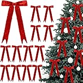 Riceshoot 12 Pcs Red Velvet Bows Valentine Ornaments 11'' x 6.3'' Pre Tied Handmade Fringe Velvet Ribbon Vintage Raw Edge Bows for Tree Crafts Gift Door Garland Home Wedding Holiday Decor
