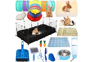 PullCrease 104 Pcs Rabbit Starter Kit Litter Box Bunny Tunnel Pet Playpen with Waterproof Mat Water Bottle Animal Grooming Kit Bowl Blankets with Cleaning Set for Guinea Pig Rabbit Accessories
