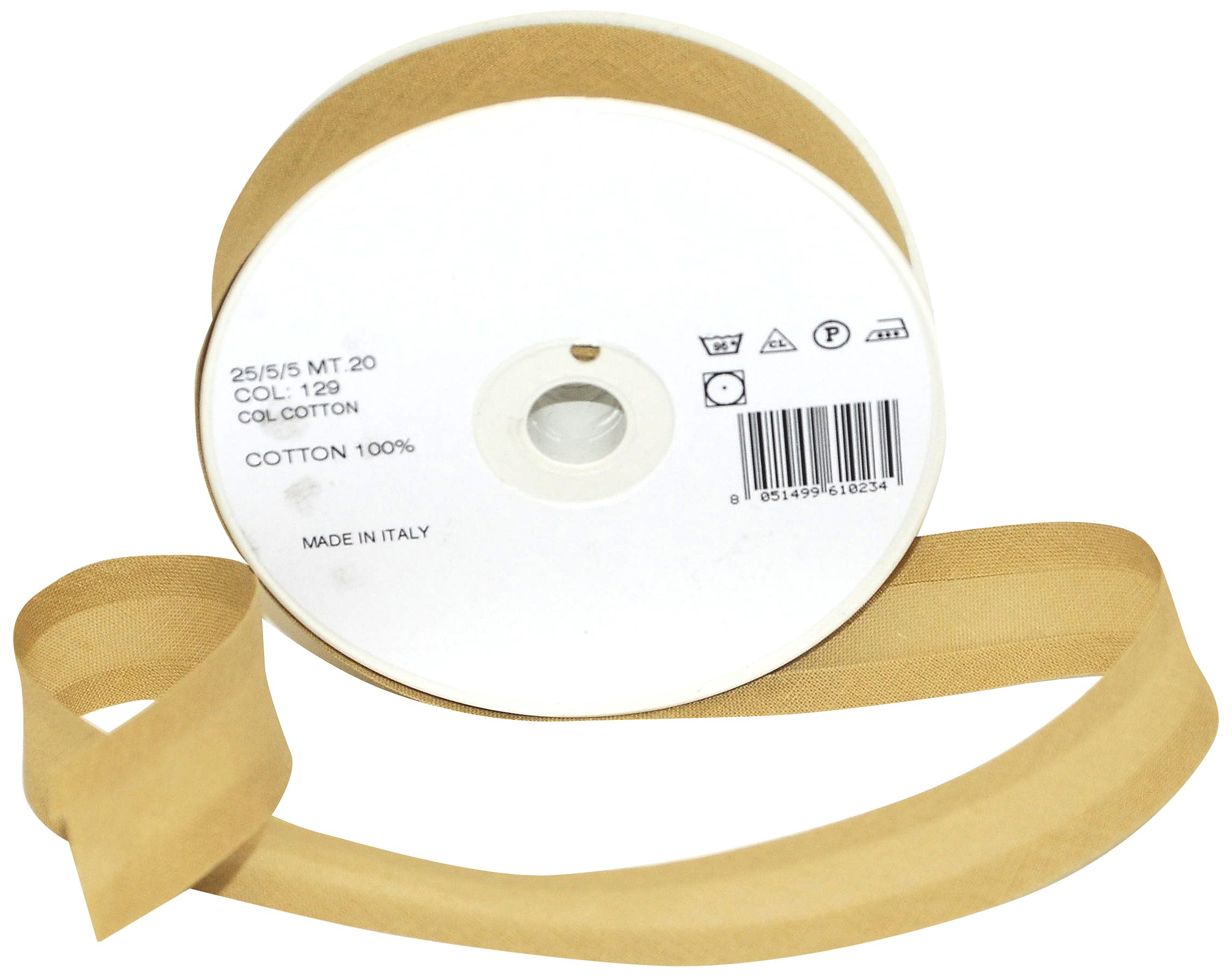Trimz 25/5/5 mm Cotton Bias Binding, Beige 129 – Double‑Fold Sewing Tape for Quilting, Dressmaking & DIY Crafts