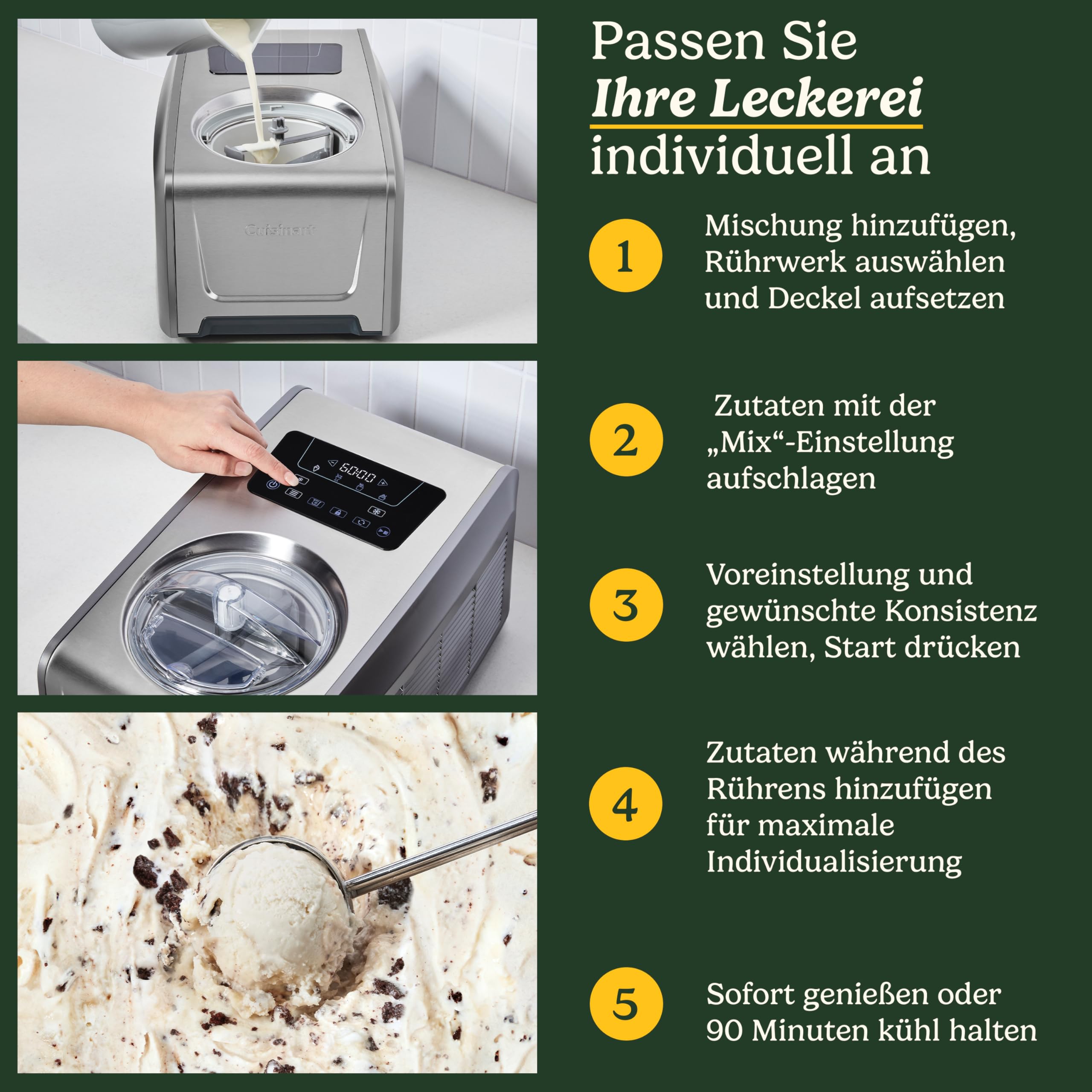 Cuisinart FreezeEase Pro – Selbstkühlende Eismaschine 4 Voreinstellungen | 14 Funktionen | Eiscreme, Sorbet, Frozen Yoghurt, Gelato Kein Vorkühlen nötig | Fertig in 40 Minuten | 90 Min Kühlhaltefunkt 3