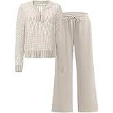 ANRABESS Womens 2 Piece Outfits 2026 Fall Crochet Knit Half Zip Sweater Top Wide Leg Pant Travel Matching Sets Lounge Clothes