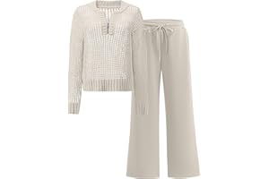 ANRABESS Womens 2 Piece Outfits 2025 Fall Crochet Knit Half Zip Sweater Top Wide Leg Pant Travel Matching Sets Lounge Clothes