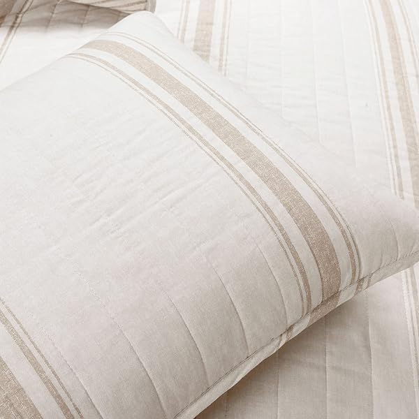 LUSH DECOR FARMHOUSE STRIPE REVERSIBLE COTTON QUILT QUEEN SIZE 3 PIECE SET FULL/QUEEN NEUTRAL – FARMHOUSE BEDDING SET QUEEN QUILT – STRIPED BEDDING