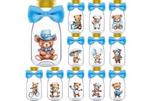 Ethisa Small 12 Pack We Can Bearly Wait Party Favors for Boy - Candy Jars with Bowties and Stickers - DIY Party Decoration Bottles for Baby Shower and Gender Reveal - Blue Teddy Bear Table Centerpiece