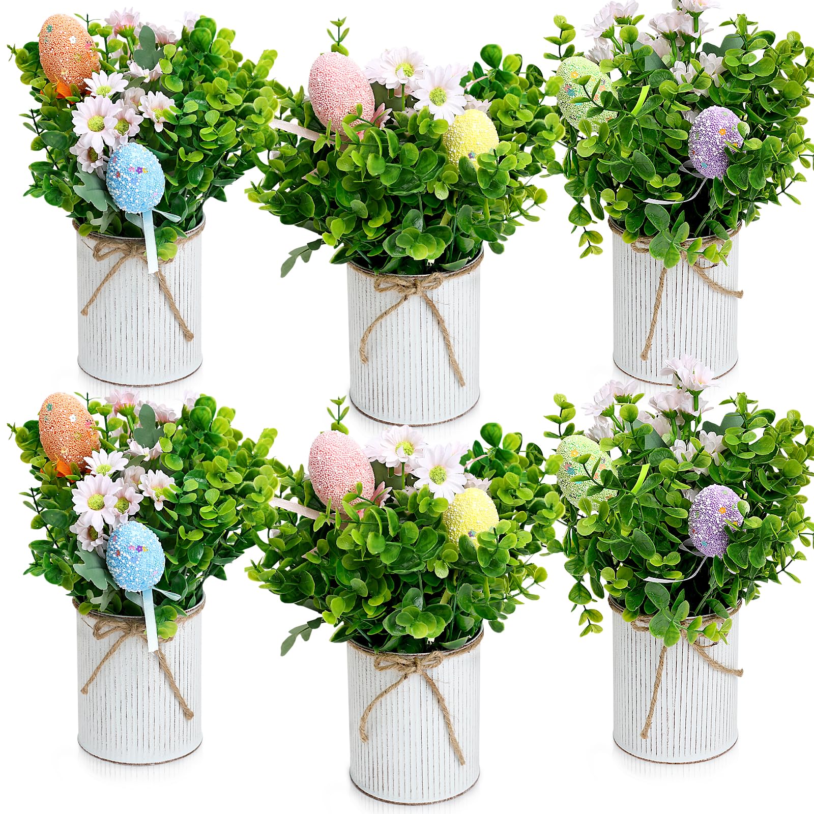 Photo 1 of DIYDOFUN Spring Easter Table Decorations Centerpieces – Set of 6 Pre-Made Eggs Tabletop Arrangements with Rustic Metal Vase for Farmhouse Dining Room Home Kitchen Indoor Party Office Decor