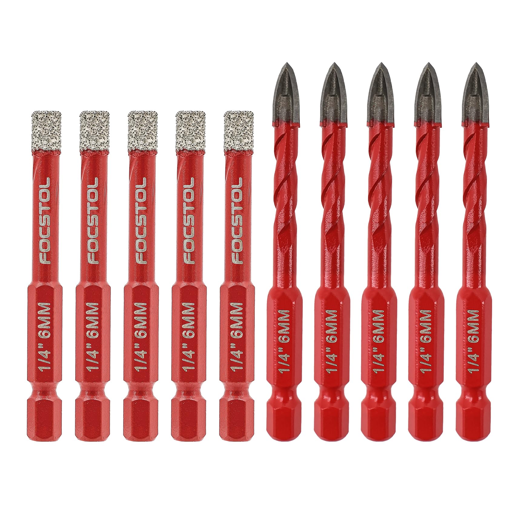FOCSTOL Dry Diamond Drill Bit Set - 10pcs Diamond Hole Saw Kit & Carbide Drill with Quick Change Hex Shank for Porcelain Tile Ceramic Marble Granite Quartz (6mm*5+6mm*5)