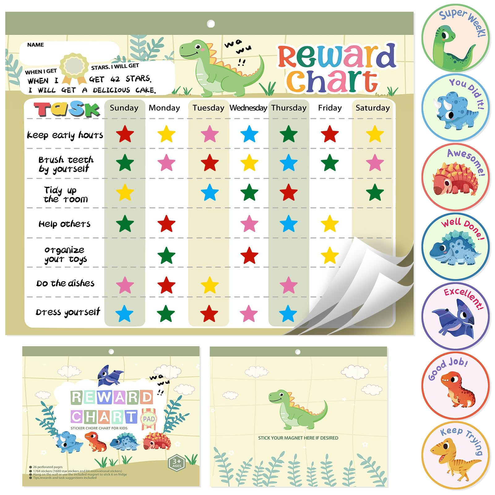 Magnetic Reward Chart for Kids at Home, Behavior Chart Pad with 26 Chore Charts, 1680 Star Stickers, 84 Motivational Stickers to Motivate Responsibility & Good Habits (Dinosaur)