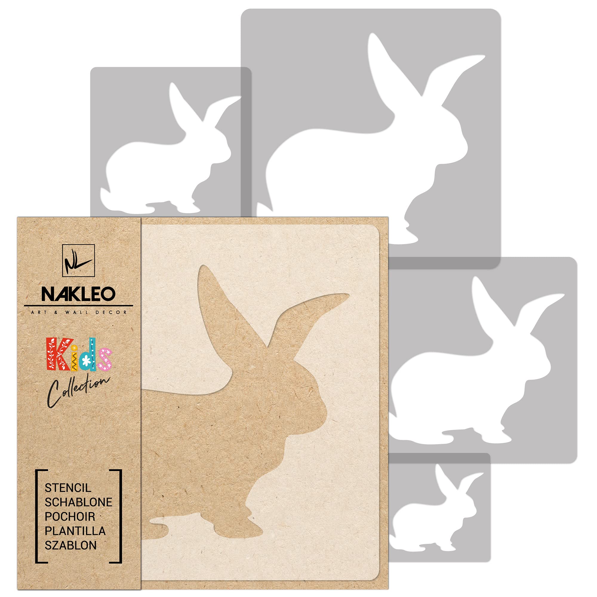 NAKLEO Painting Stencils Set for Nursery Room, 5 Pcs Templates 9x9 to 34x34cm Bunny Rabbit Easter, Plastic and Reusable Drawing Stencils, Decor, Craft DIY Wall Furniture