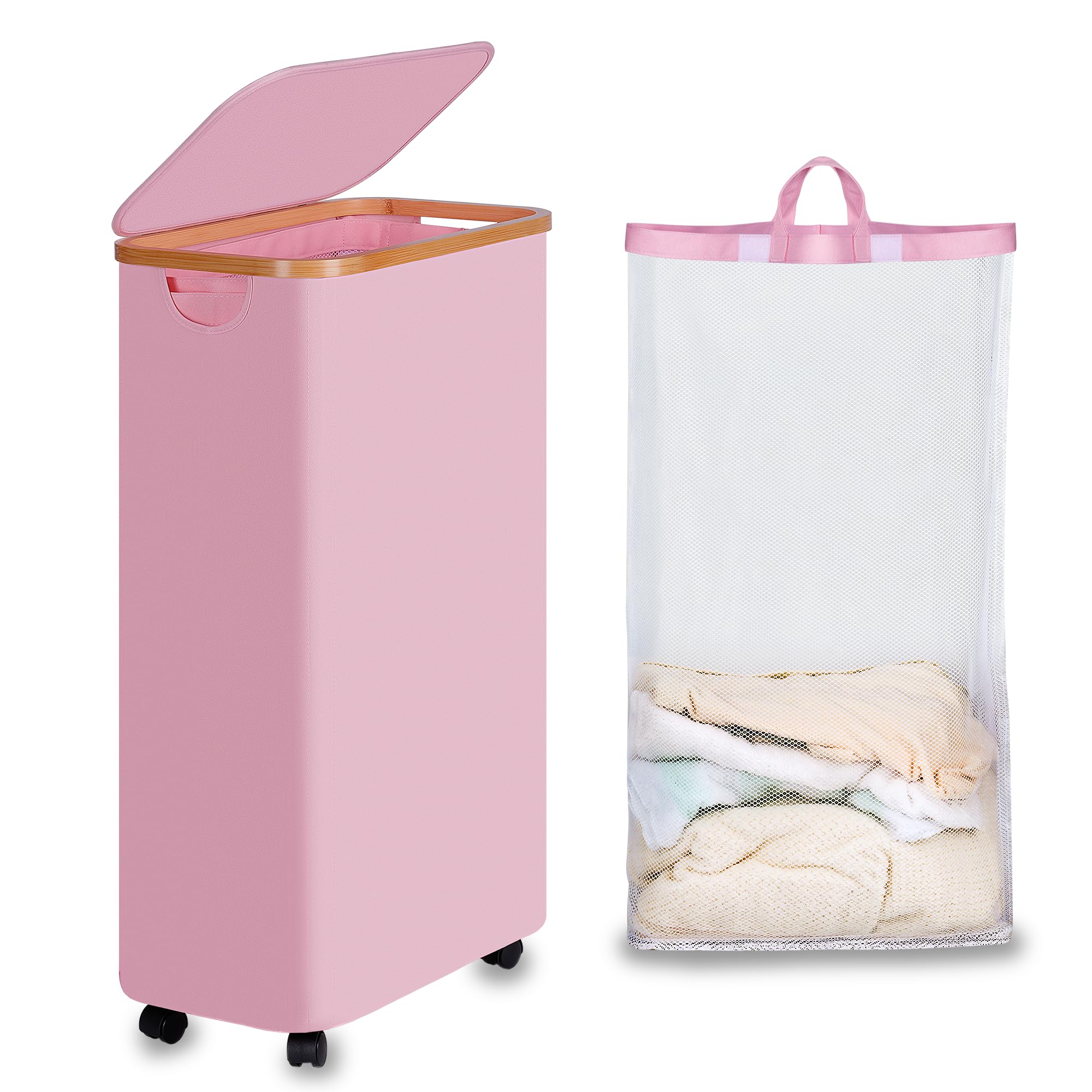 Photo 1 of efluky Slim Laundry Basket with Wheels, Narrow Rolling Laundry Hamper with Lid and Removable Bag, Tall Aesthetic Dirty Clothes Hamper on Wheels for Laundry Room, Bedroom, Dorm and Bathroom, 75L Pink