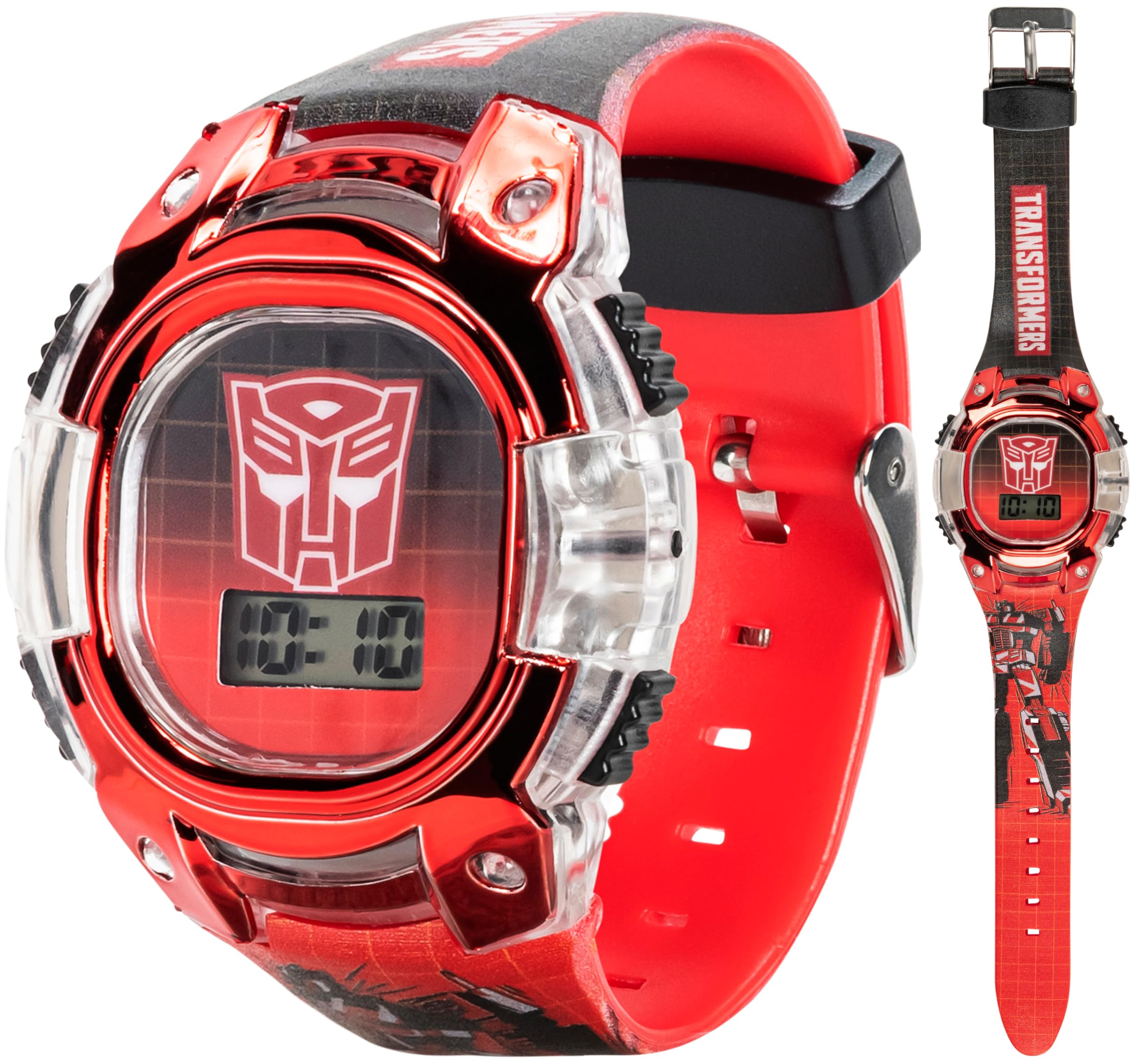 Accutime Transformers Kids Watch – LCD Display, Metallic Bezel, Adjustable Comfortable Strap, Collectible Tin – Perfect for Boys and Girls