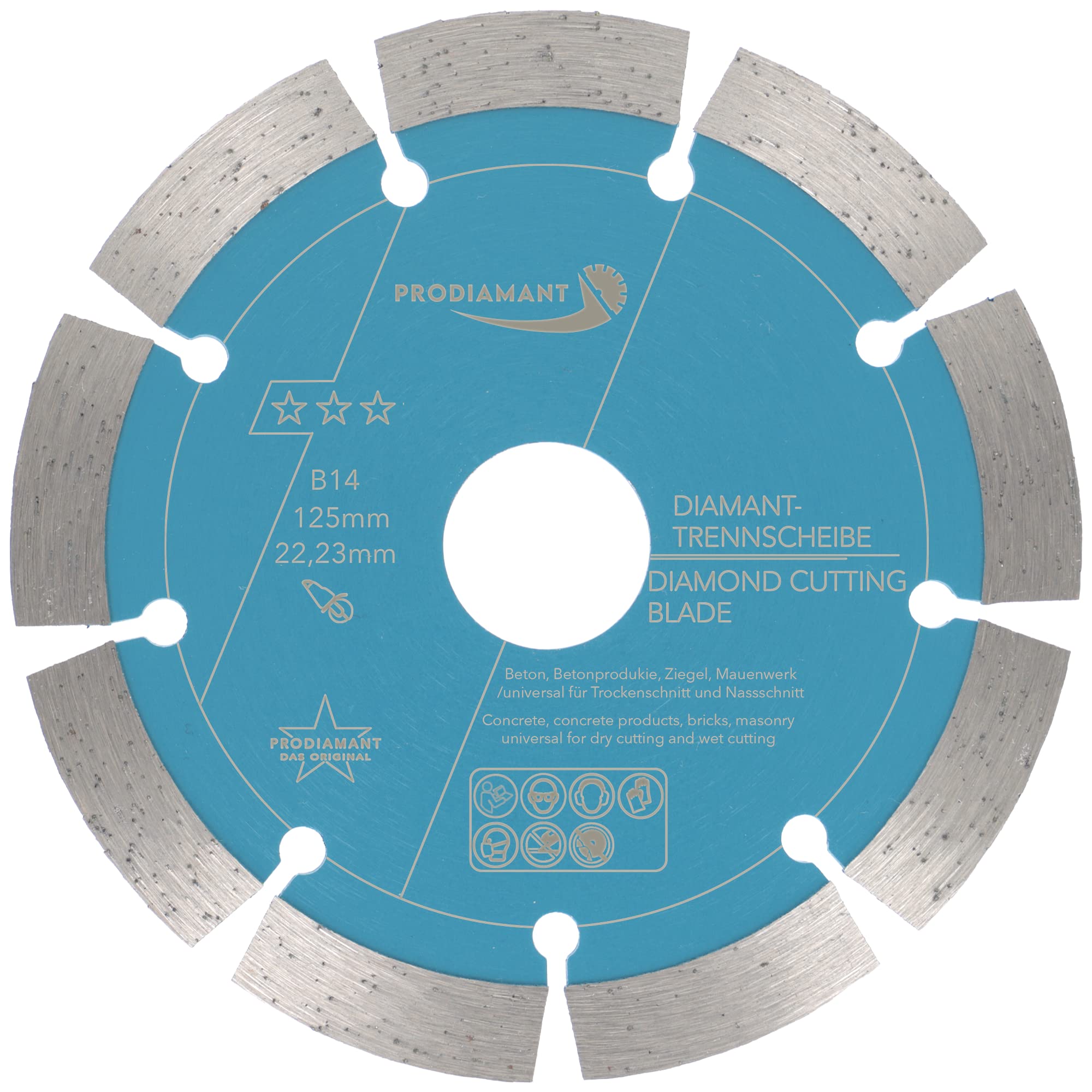 PRODIAMANT diamond cutting disc concrete 5 inch 125 mm x 22,2 mm diamond disc B14 125mm suitable angle grinder, universal bond for concrete building materials stone and brick