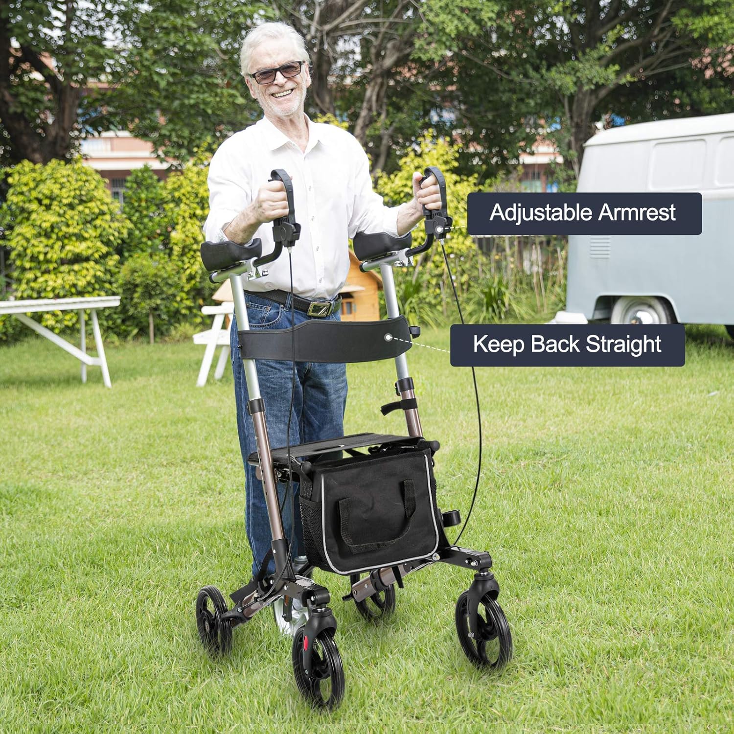 Rinkmo Rollator Walker, Walker for Seniors and Adults Stand Up Folding Rollator Walker with Seats and 8” Wheels, Padded Armrest and Backrest, Tall Rolling Mobility Walking Aid with Basket: Health & Personal Care